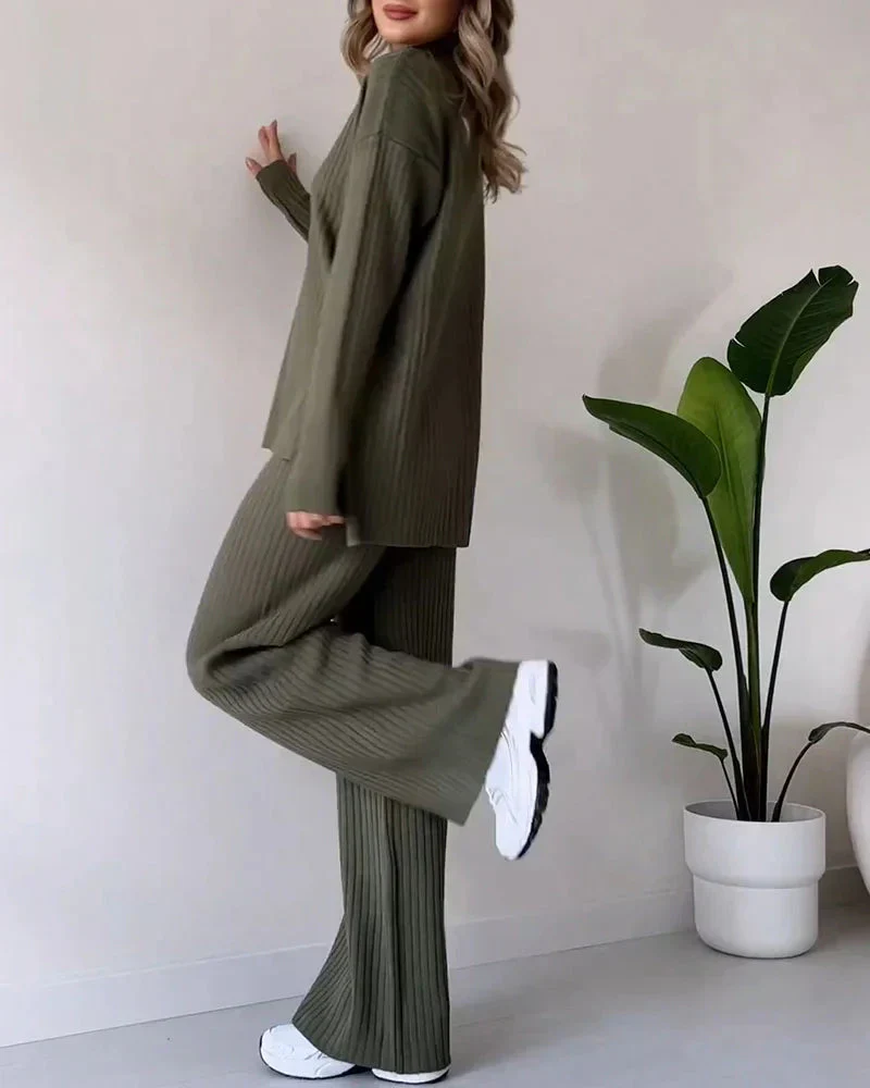 Geribde Lounge Set met Wijde Pijpen – Tweedelig Comfortpak