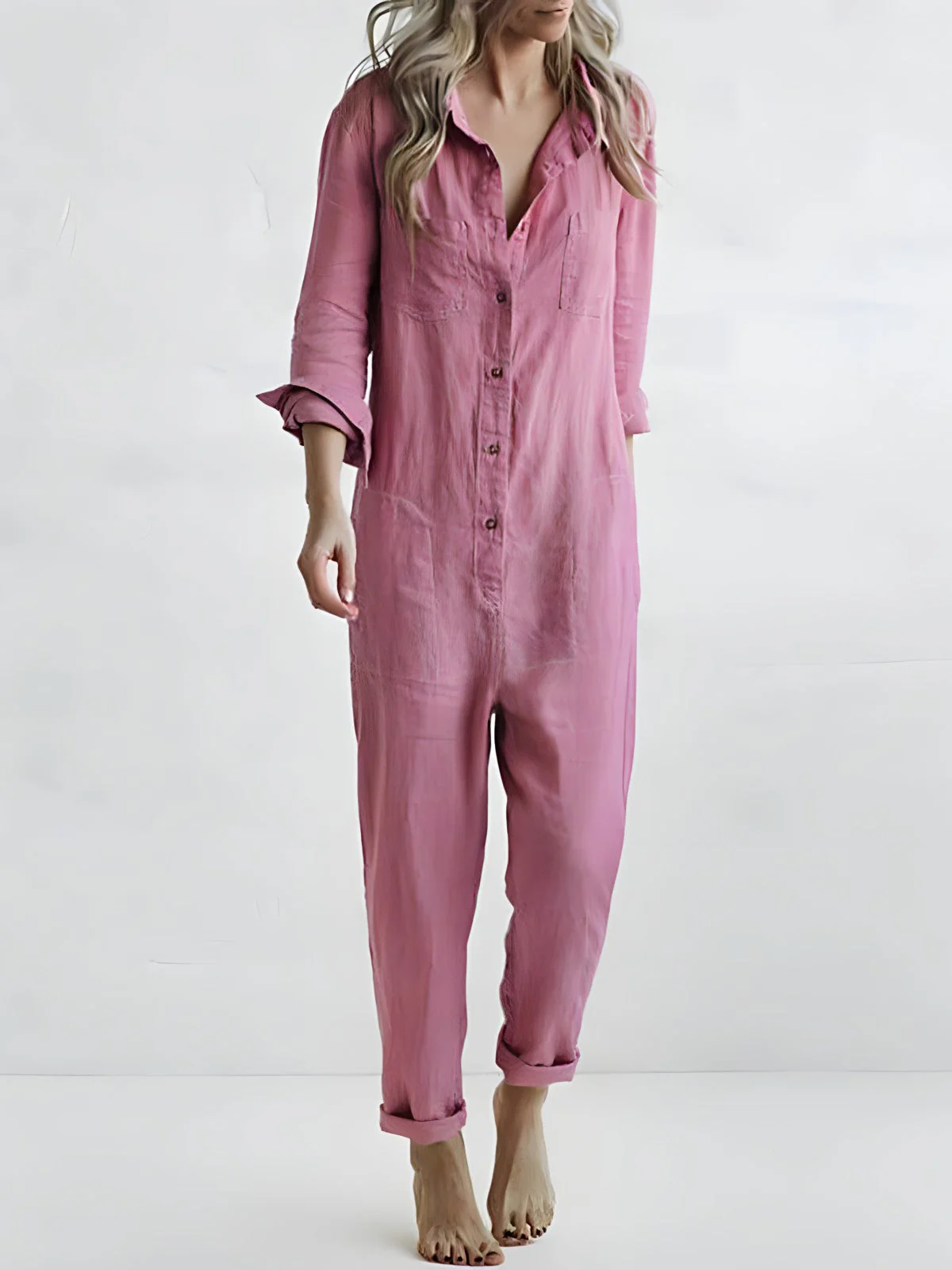 Dames Jumpsuit – Losvallend Pak met Knoopsluiting en Lange Mouwen