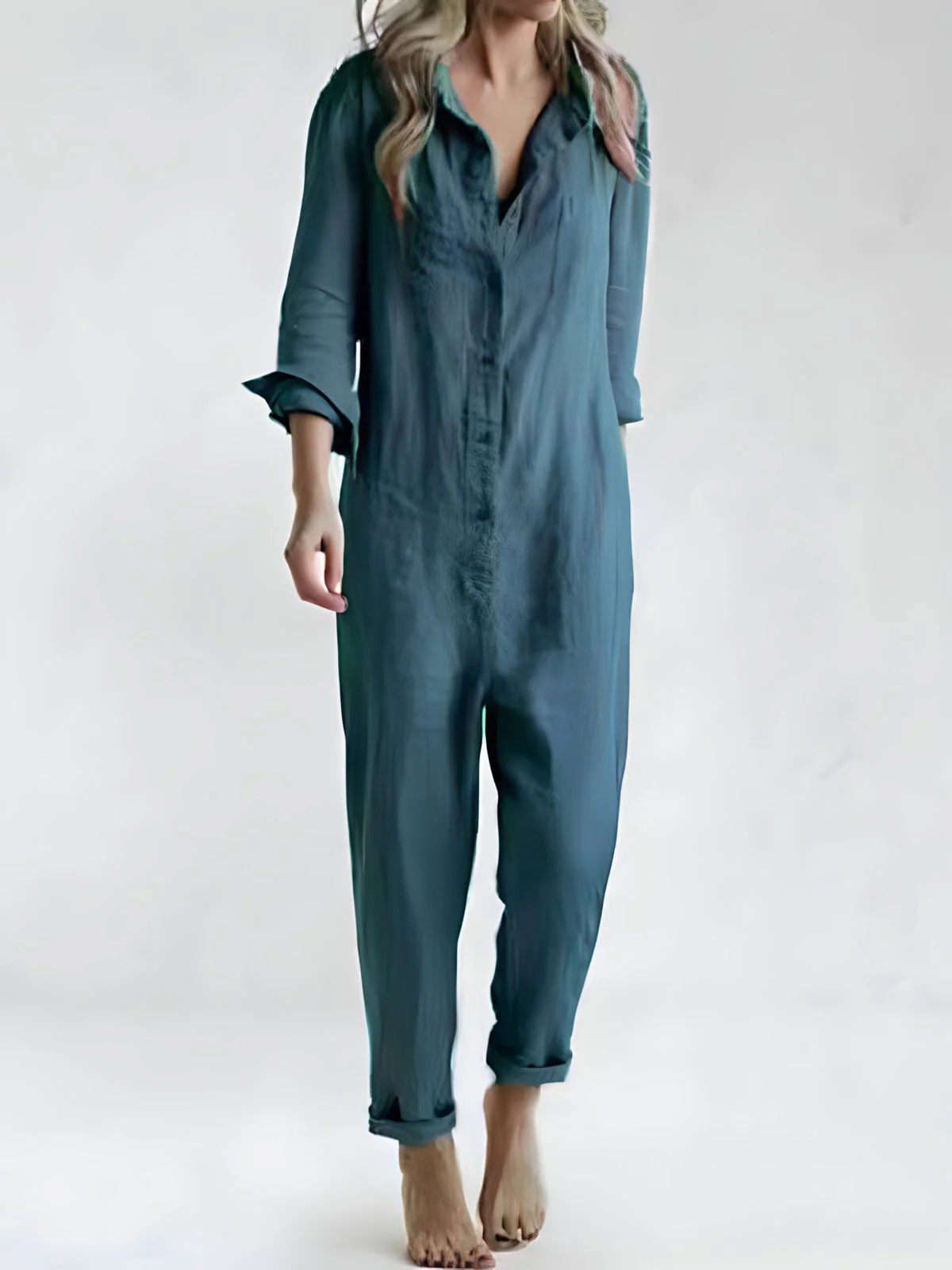 Dames Jumpsuit – Losvallend Pak met Knoopsluiting en Lange Mouwen