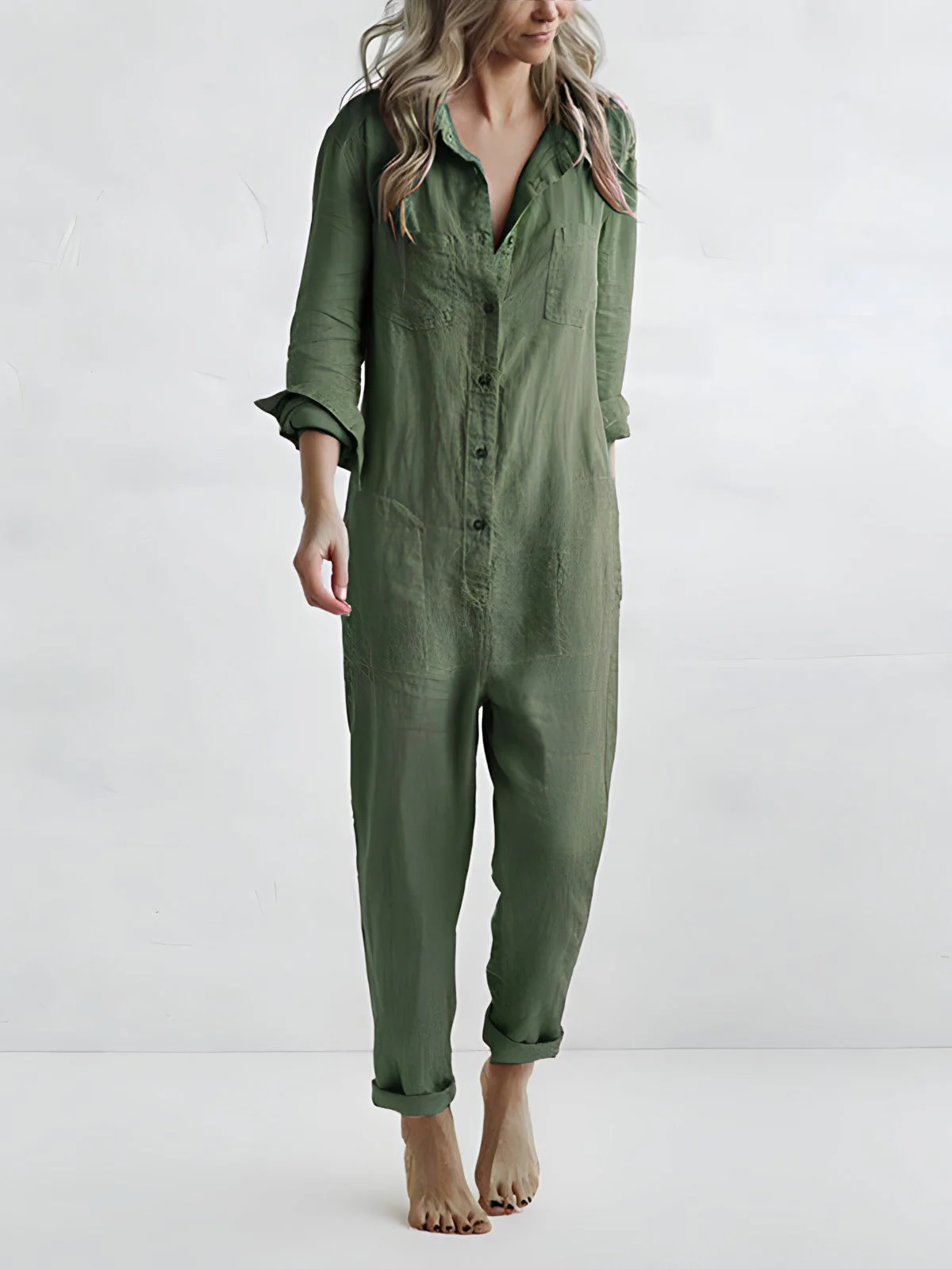 Dames Jumpsuit – Losvallend Pak met Knoopsluiting en Lange Mouwen