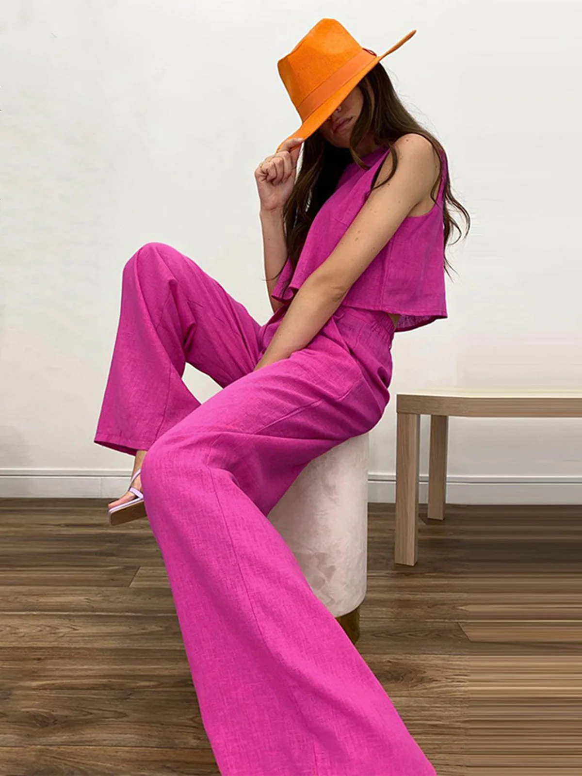 Tweedelige dames set – Mouwloze cropped top en wijde pantalon