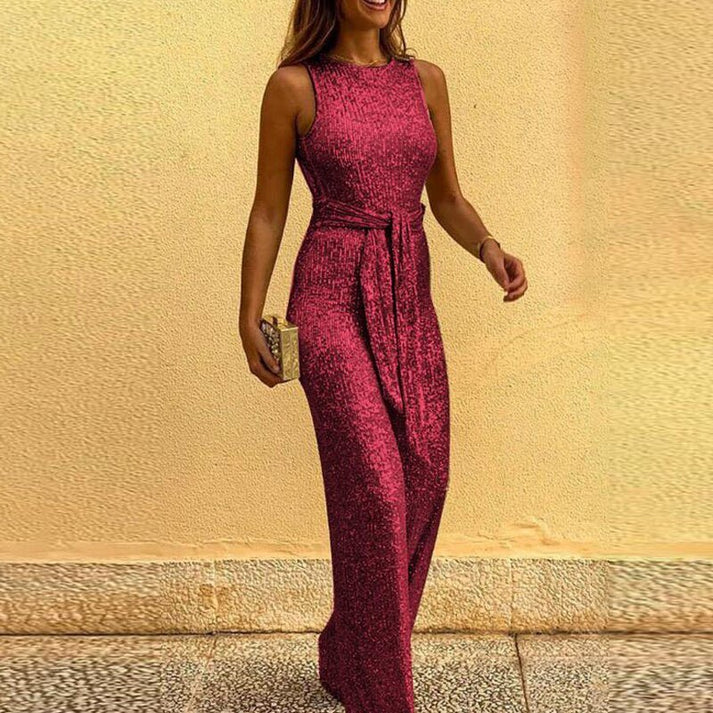 Amélie – Mouwloze Glitter Jumpsuit met Ceintuur