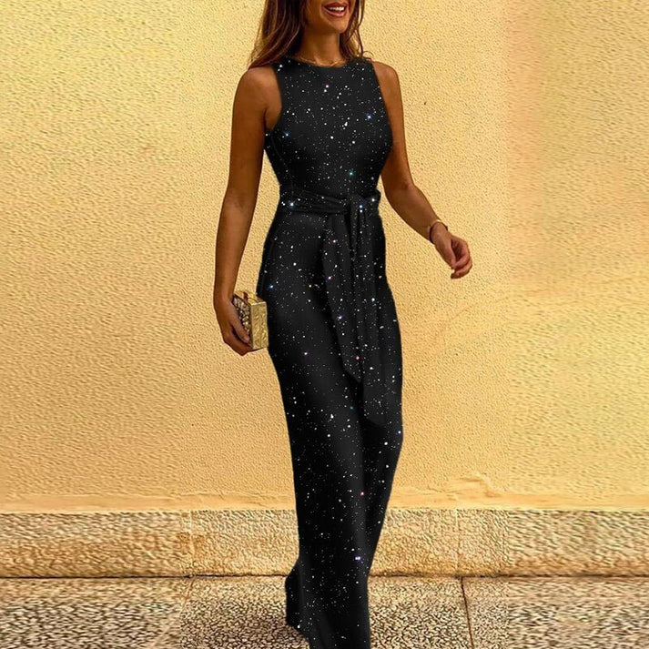 Amélie – Mouwloze Glitter Jumpsuit met Ceintuur