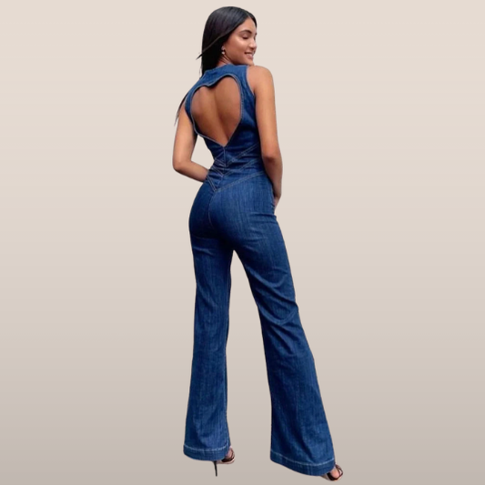 Denim Jumpsuit Dames – Mouwloos met Open Rug en Uitlopende Pijpen