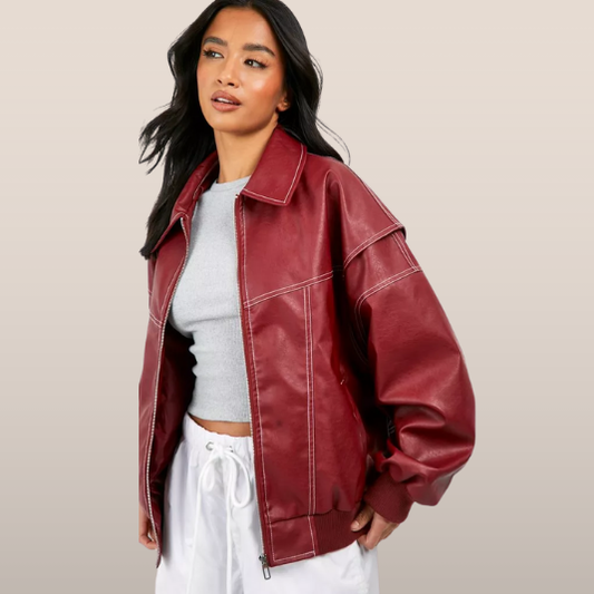 Oversized damesjas van imitatieleer – Ritssluiting en contrastnaden