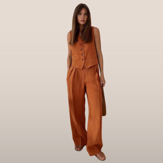 Tweedelige linnen set voor dames – Mouwloos vest en wijde broek