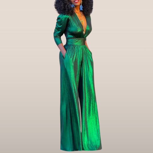 Satijnen jumpsuit met V-hals – Elegant met brede pijpen