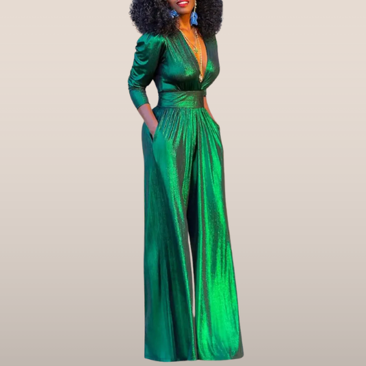 Satijnen jumpsuit met V-hals – Elegant met brede pijpen
