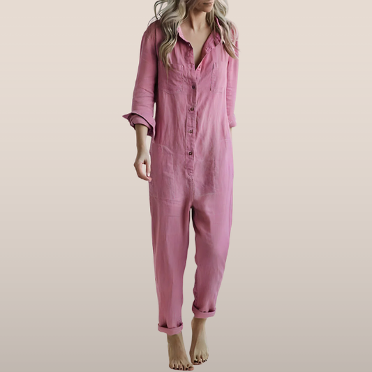 Dames Jumpsuit – Losvallend Pak met Knoopsluiting en Lange Mouwen