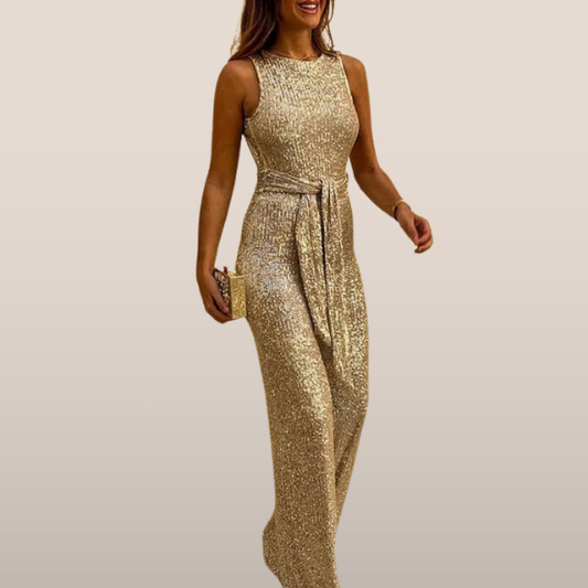 Amélie – Mouwloze Glitter Jumpsuit met Ceintuur